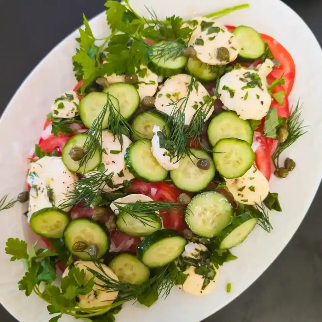 tomato cucumber salad with marinated cheese