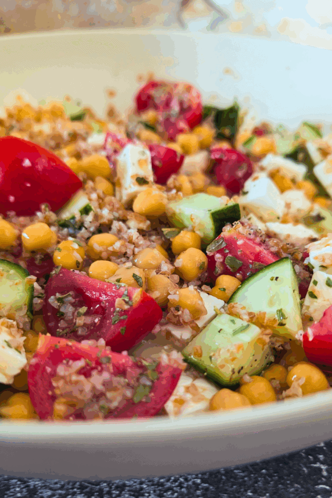 the chickpea salad in bowl side view