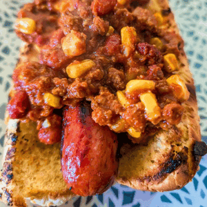 chili cheese dog on bun
