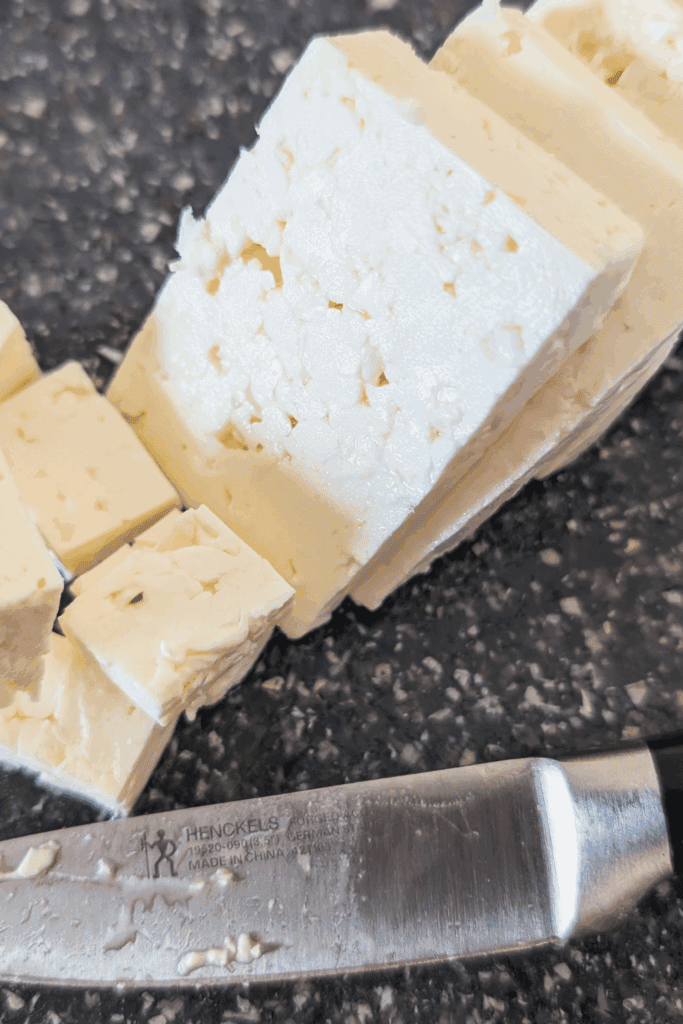 cubing the feta cheese block