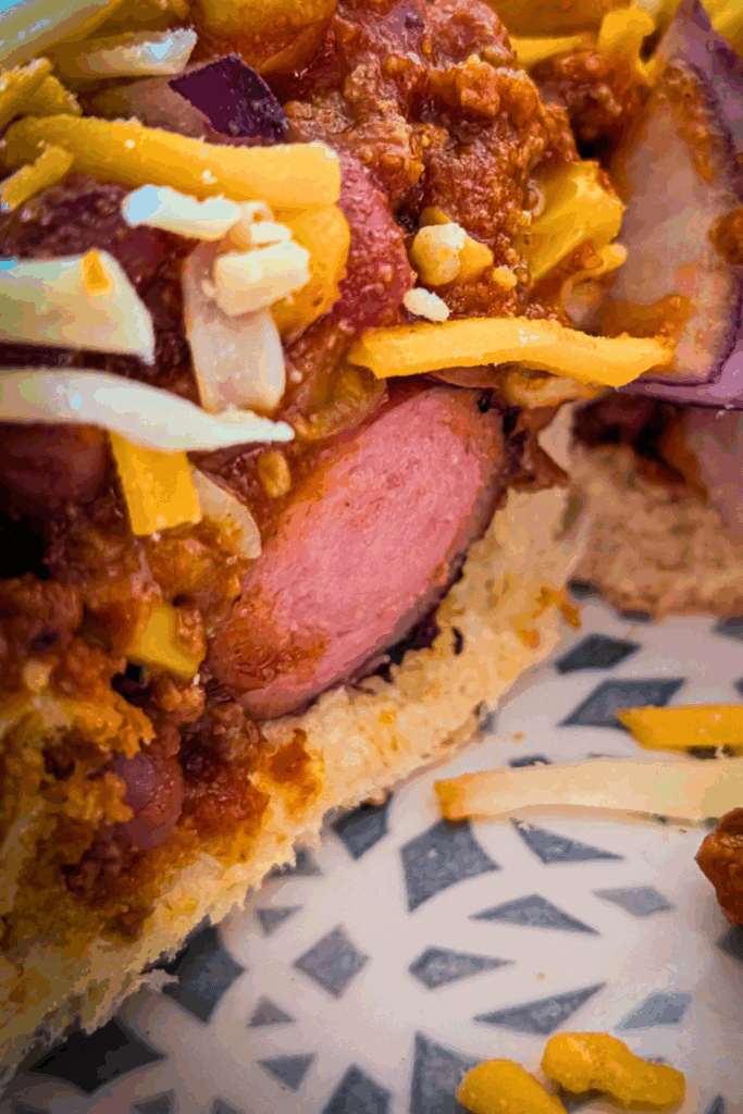inside the chili dog close up