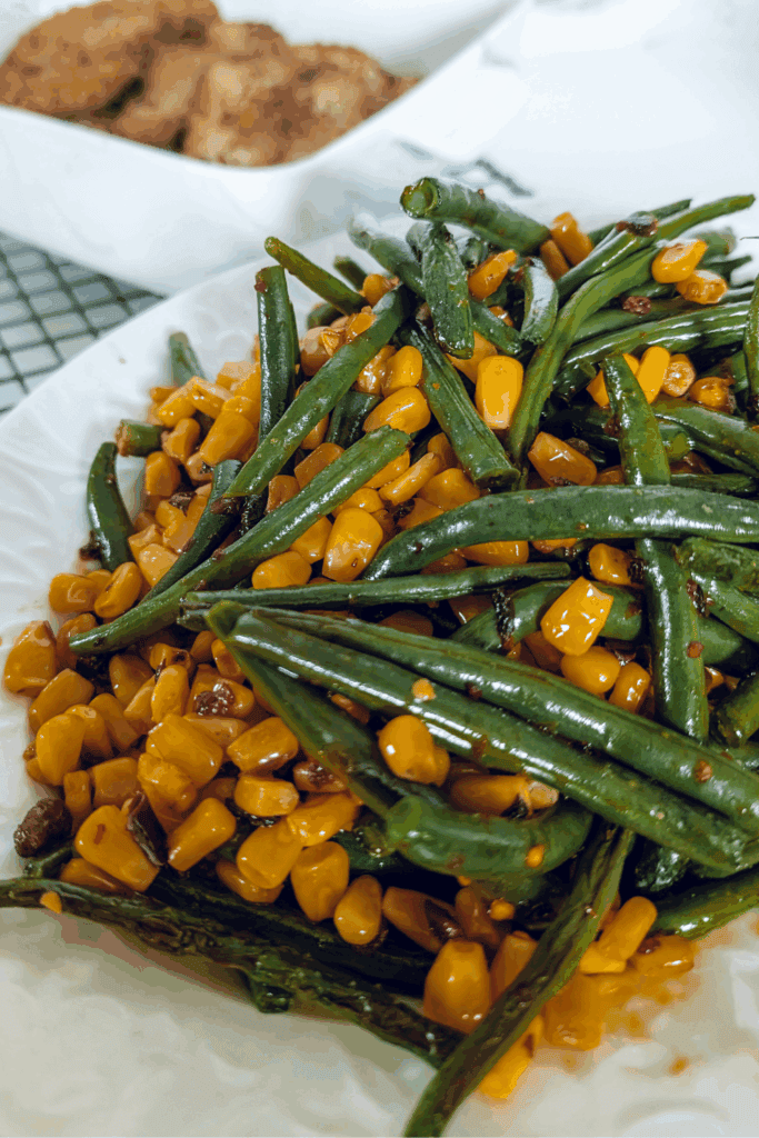 Green beans and corn side dish, roasted vegetable recipe, healthy meal idea.