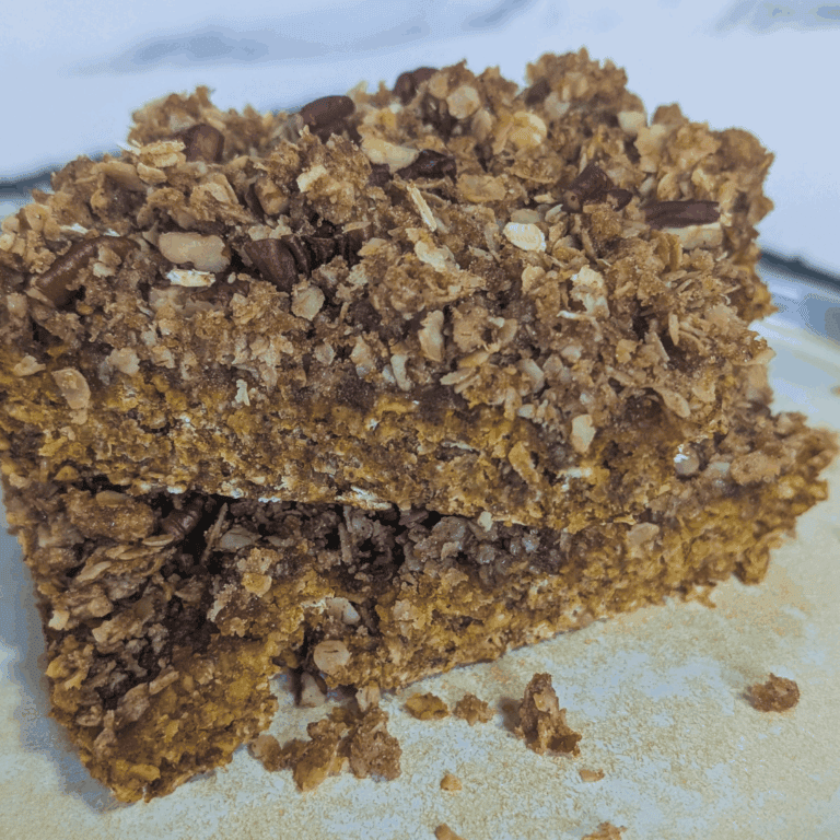 Crispy granola dessert bar with oats and chocolate bits.
