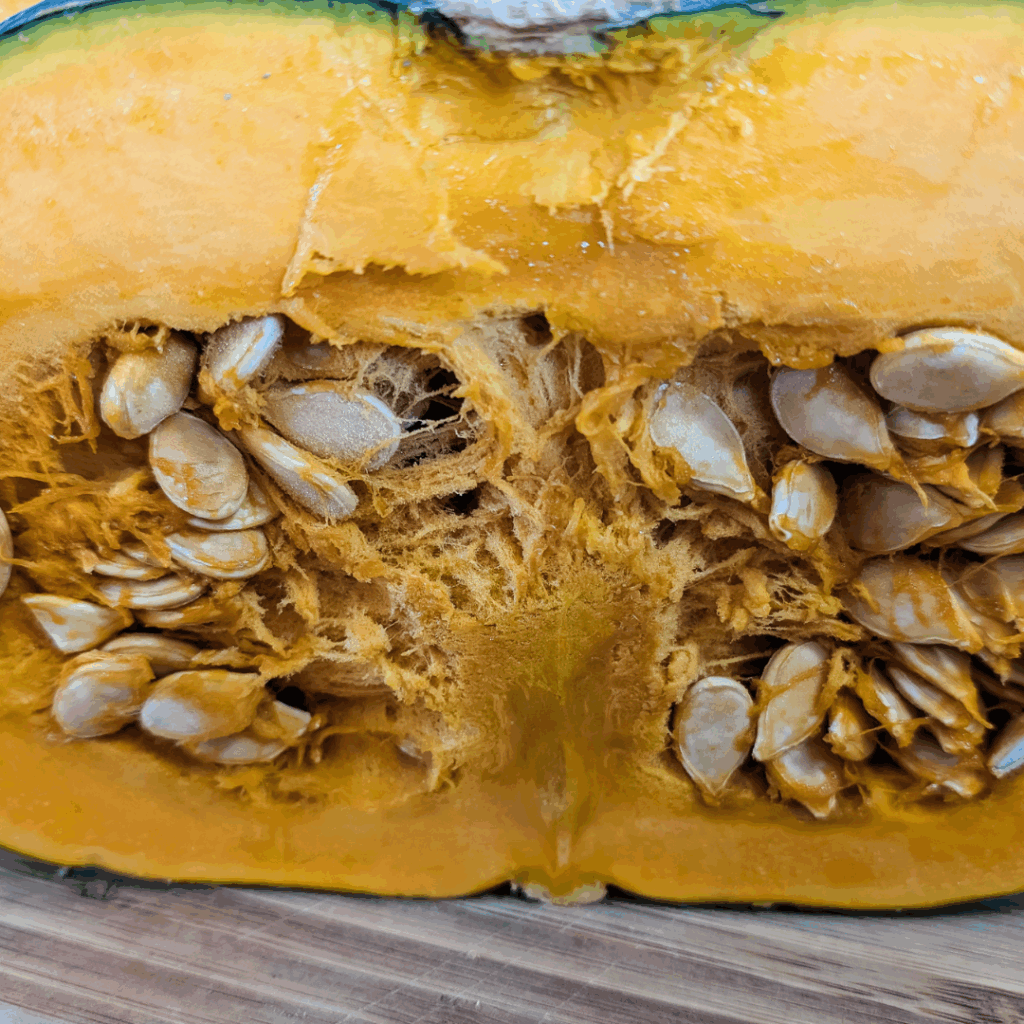 Fresh pumpkin seeds inside a halved pumpkin, perfect for healthy snacking or cooking.