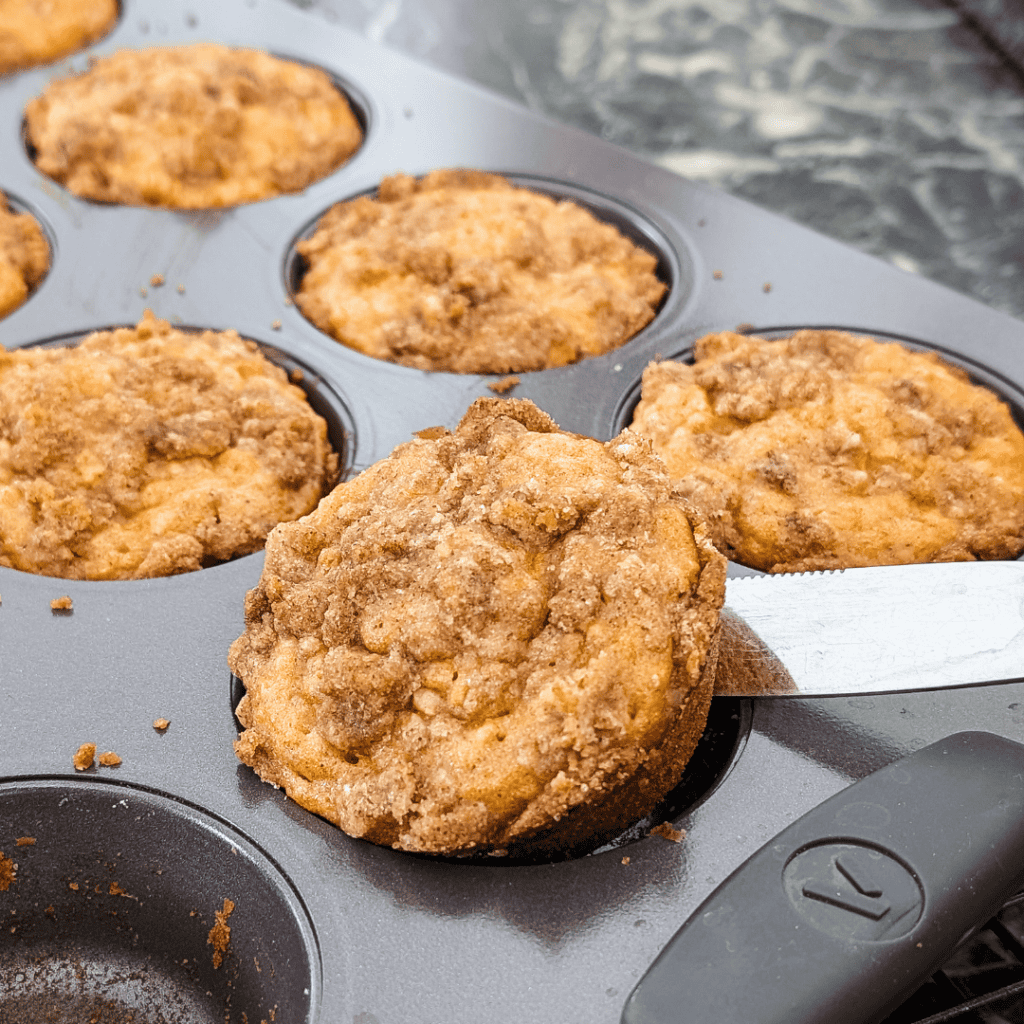 Freshly baked carrot oatmeal muffins in a muffin tin, ready to serve.