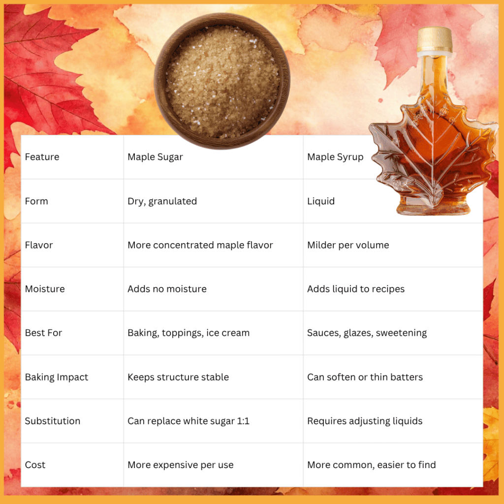 Maple sugar and syrup in a bowl and bottle with autumn leaves background.