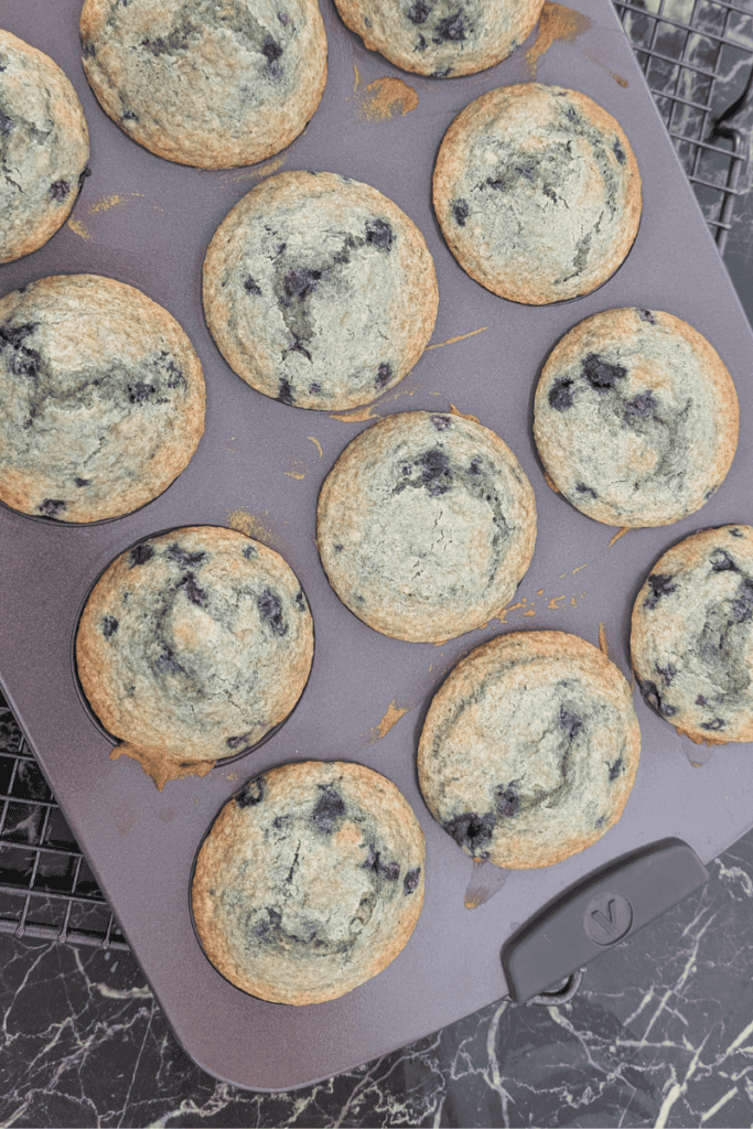 Delicious homemade blueberry muffins made with frozen Canadian wild blueberries, perfect for breakfa.