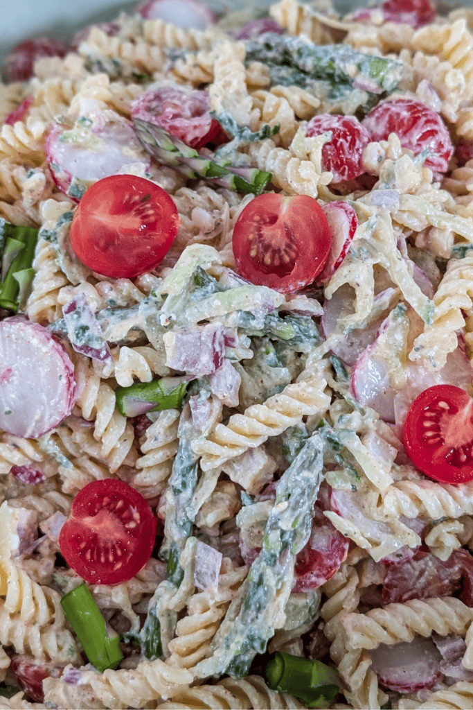 High protein cottage cheese pasta salad with cherry tomatoes and fresh herbs.