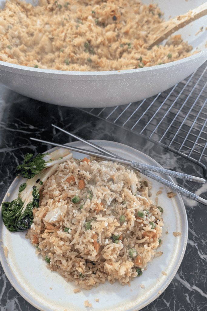 Delicious shrimp fried rice with eggs, served on a plate for easy weeknight dinner.