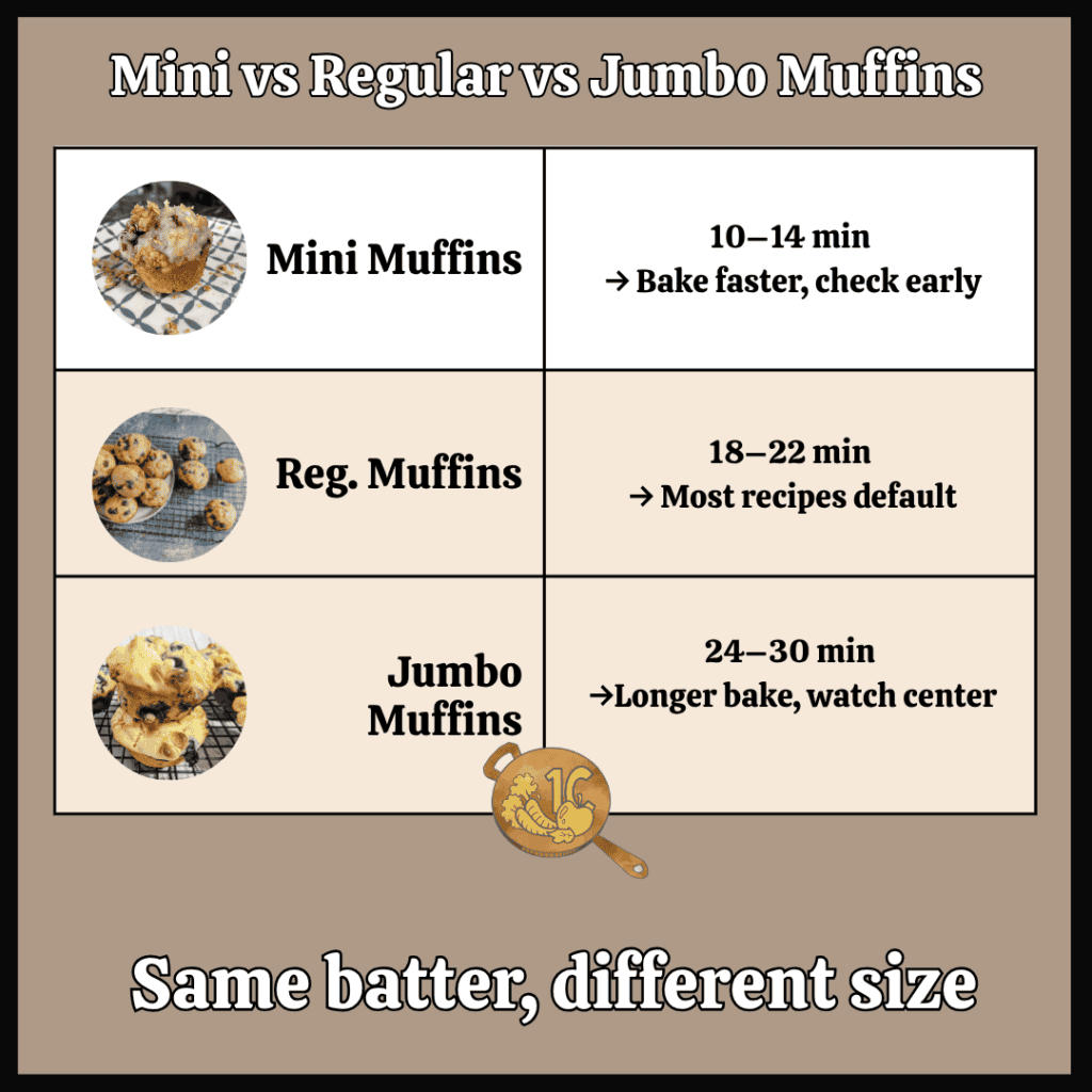 Mini, regular, and jumbo muffins with baking times and tips.