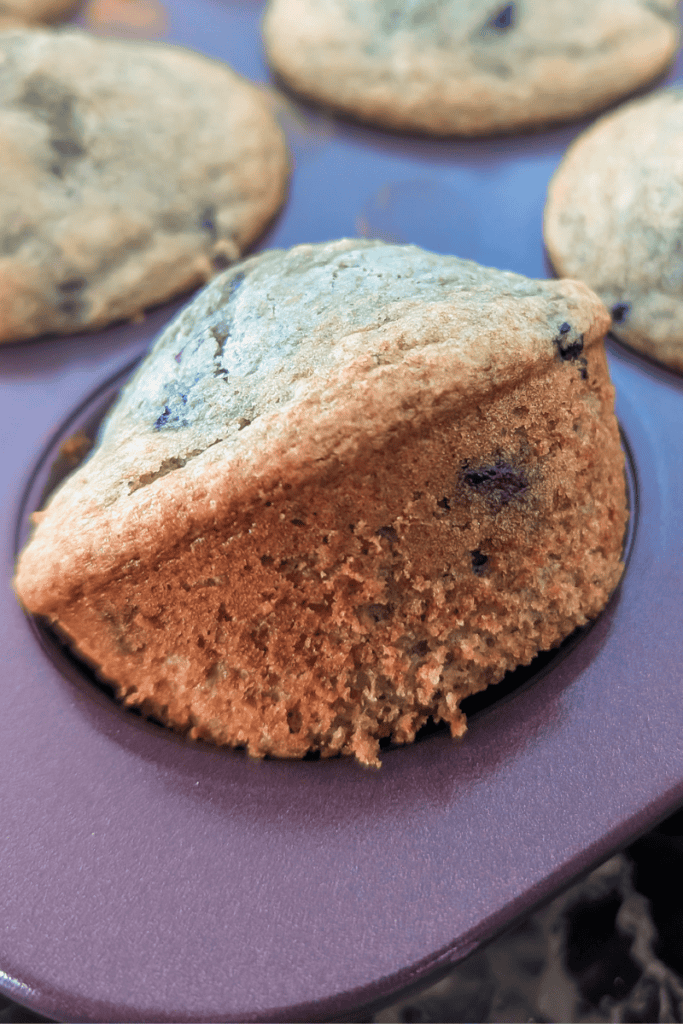 Freshly baked blueberry muffins with frozen Canadian wild blueberries on a purple plate.