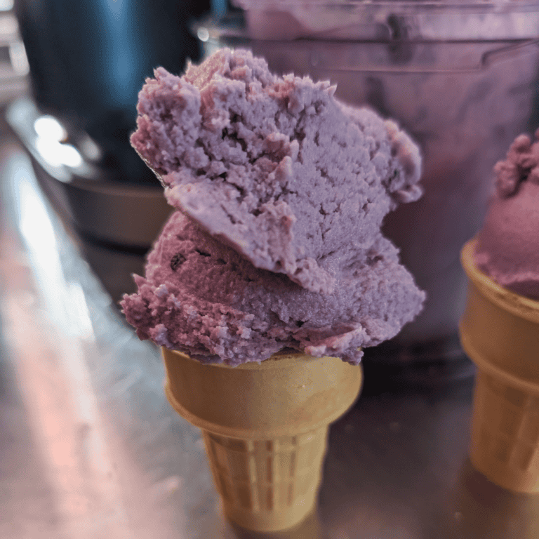 Delicious blueberry ice cream served in a cone, topped with a blueberry reduction for added flavor.