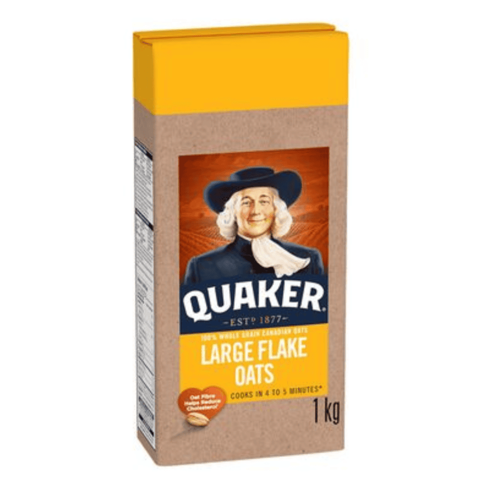 Quaker large flake oats packaging, ideal for quick and old-fashioned oatmeal recipes.