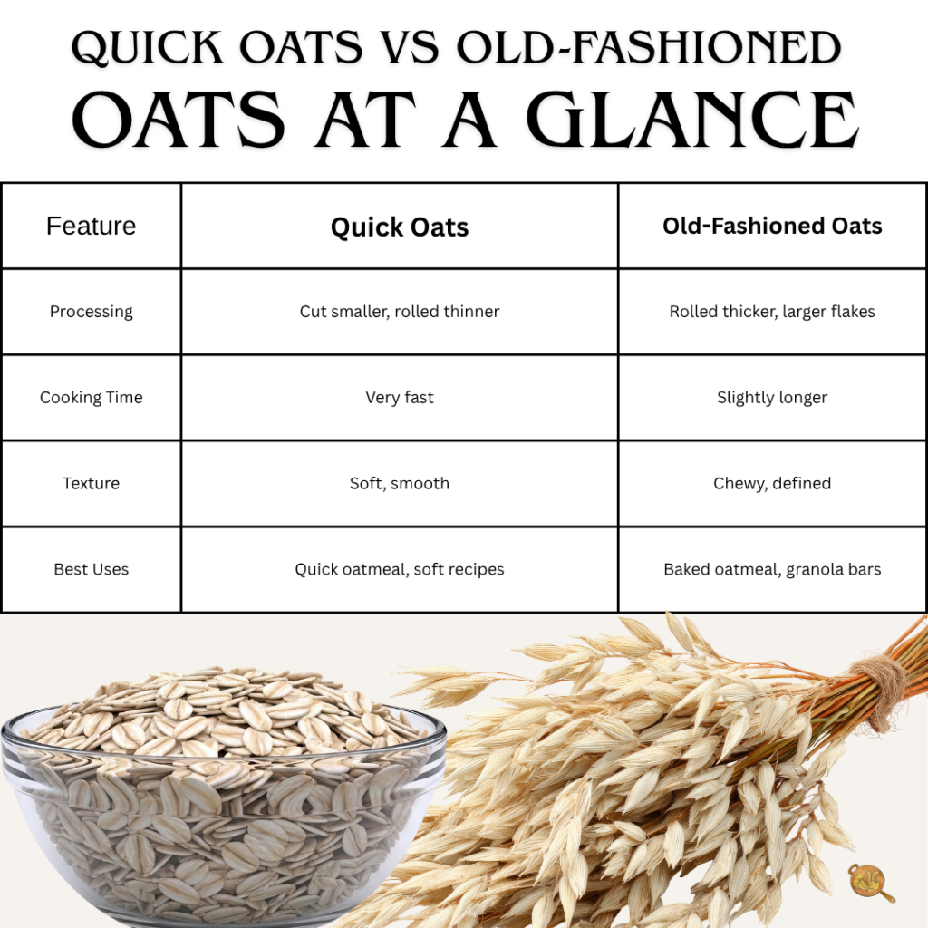 Quick oats and old-fashioned oats side by side with comparison chart.