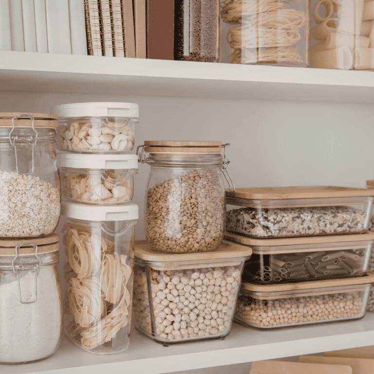 Pantry with glass jars filled with grains, pasta, and legumes for storage.