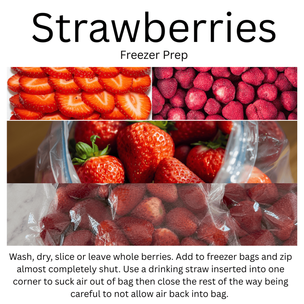 Fresh strawberries prepared for freezing, including sliced, whole, and frozen berries.
