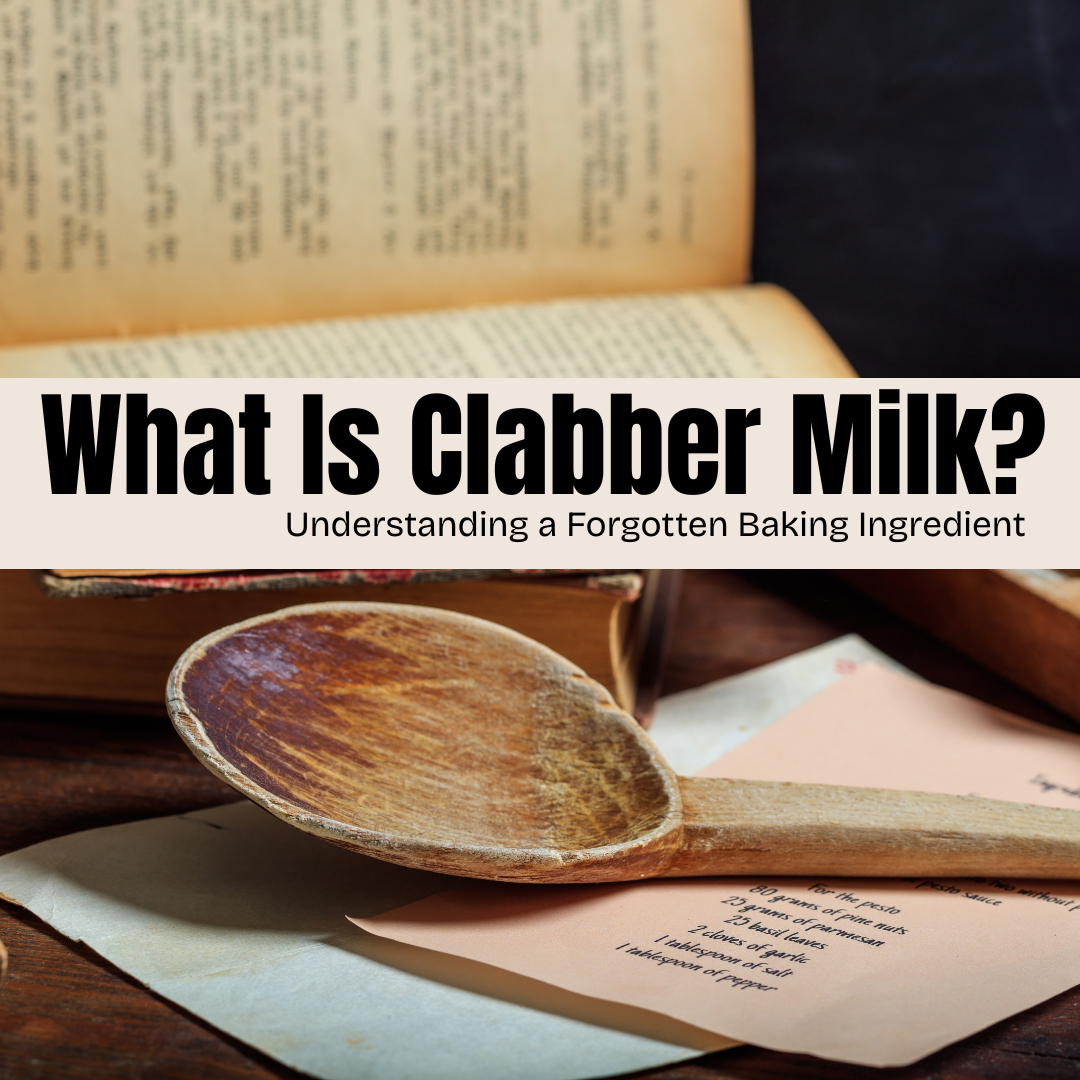 Clabber milk in a wooden spoon with baking recipe notes in background.