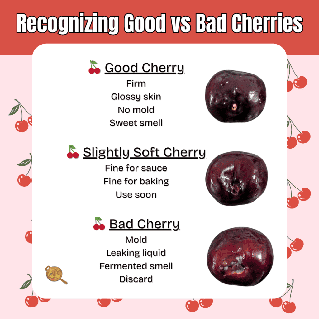 Comparison of good, slightly soft, and bad cherries with characteristics and quality indicators.