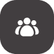 White icon of three people grouped together on a dark gray rounded square background.