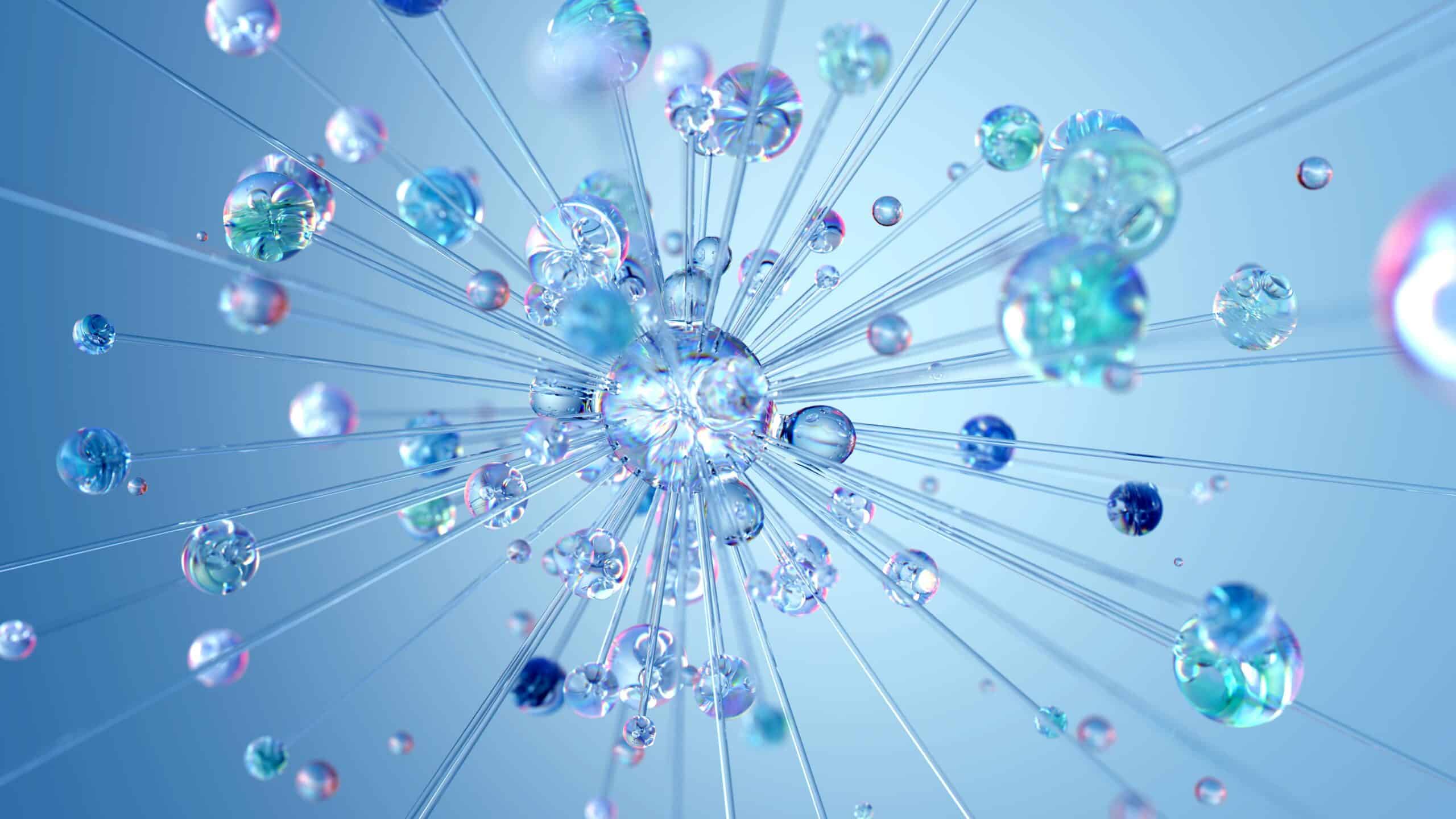 Abstract 3D rendering of a central sphere with radiating thin rods, each tipped with smaller translucent spheres, set against a blue gradient background—evoking the interconnected power of Dedicated Servers.