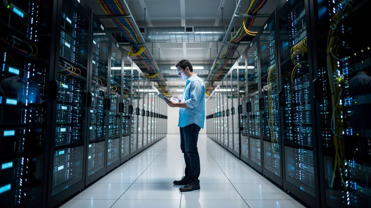 Modern data center with server racks and network infrastructure.