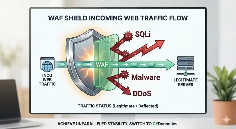Web traffic security with WAF protection against SQLi, malware, and DDoS attacks.