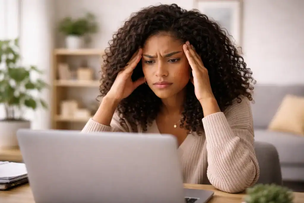Frustrated woman with headache using laptop, representing Node.js hosting challenges.