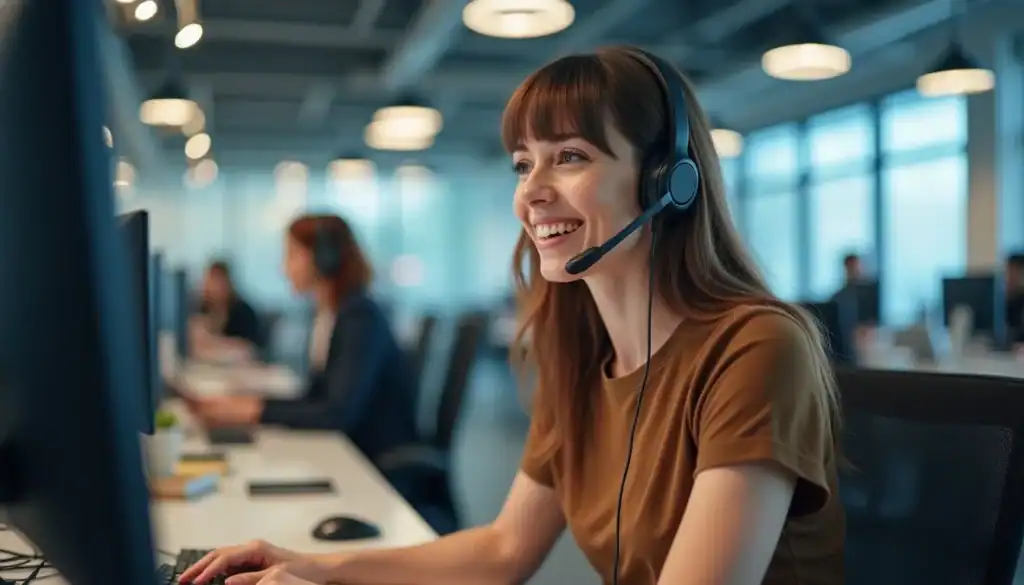 Customer support agent wearing a headset providing assistance in a busy call center environment.