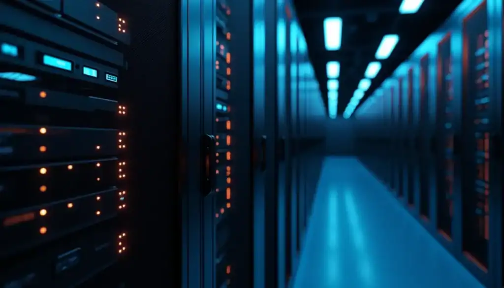 Modern data center with server racks and advanced cooling systems.