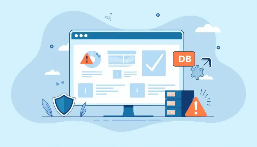 WordPress troubleshooting steps illustration: diagnose issue, check plugins, verify database, restore site