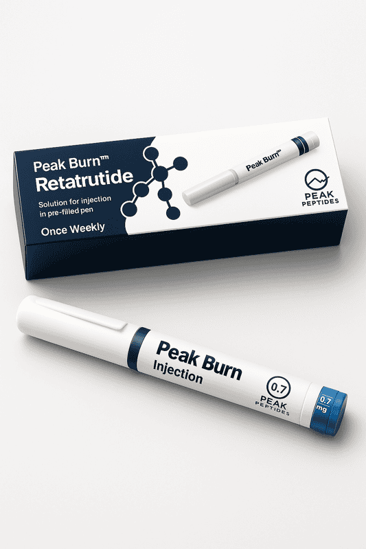Peak Burn Retatrutide injection for weight loss, peptide solution, Peak Peptides.