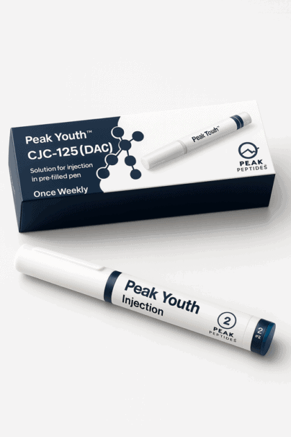 Vial of Peak Youth CJC-125 DAC peptide for skincare and anti-aging treatments.