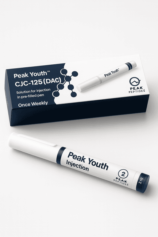 Vial of Peak Youth CJC-125 DAC peptide for skincare and anti-aging treatments.