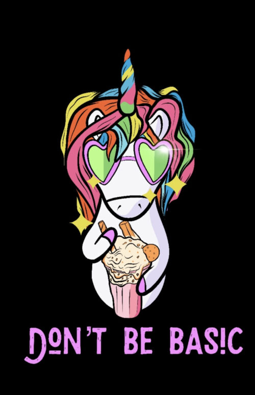 Colorful unicorn with rainbow hair and heart-shaped glasses, perfect for kids baking class.