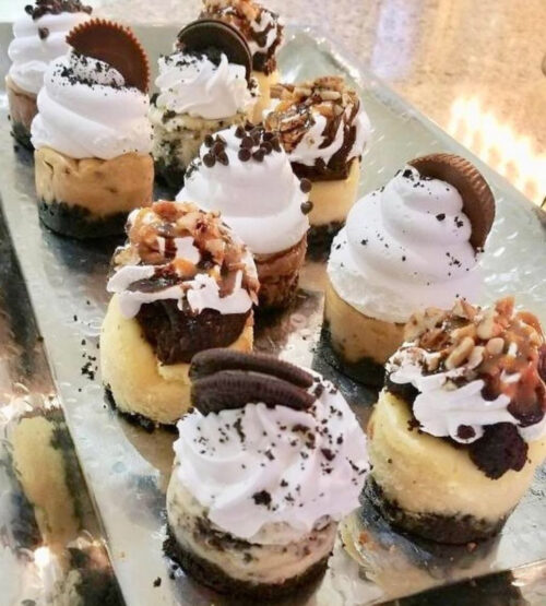 Assorted mini cheesecakes with toppings in a variety pack.