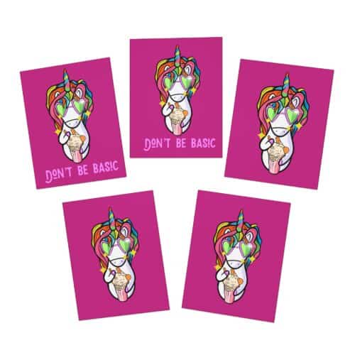 Colorful unicorn with ice cream and rainbow mane, "Don't Be Basic" message.