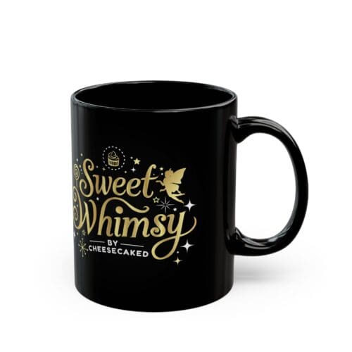 Black mug with "Sweet Whimsy" design and whimsical fairy illustration, perfect for coffee lovers.