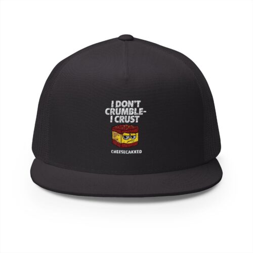 Black 5-panel trucker cap with embroidered pizza slice and "I don't crumble, I crust" text.