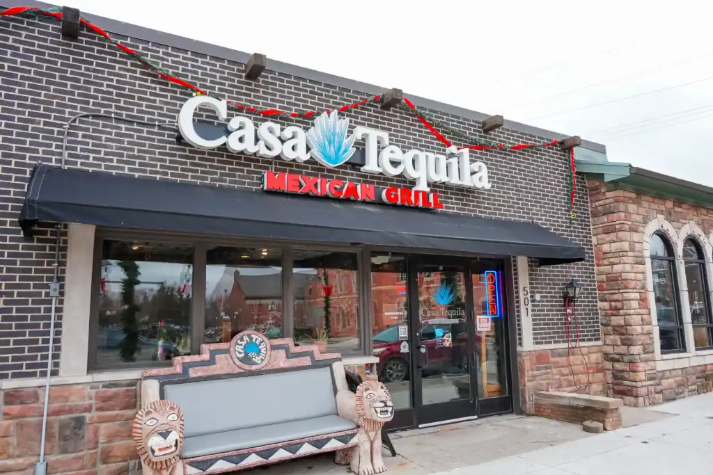 Exterior view of Casa Tequila Mexican Grill & Cantina in Chicago with welcoming entrance and decorat.