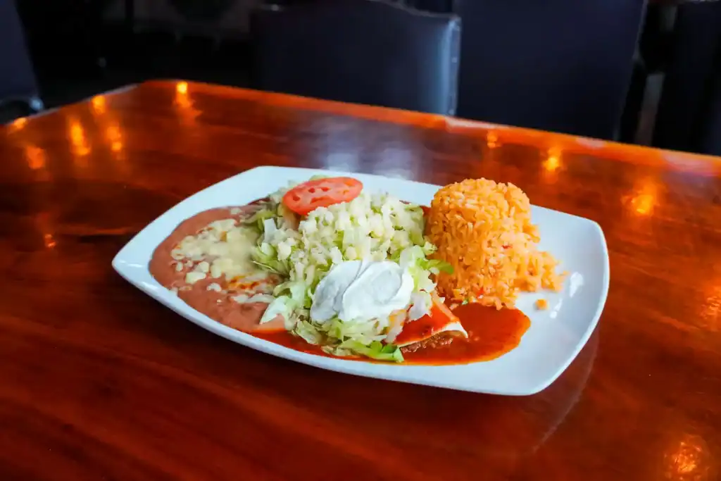 Delicious Mexican meal with rice, salad, and sauce on a white plate.
