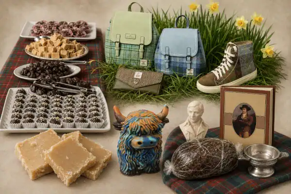 Assorted Scottish treats, chocolates, fudge, and tartan bags are displayed with a Highland cow figurine, a bust, framed photo, shoe, flowers, and grassy decor.