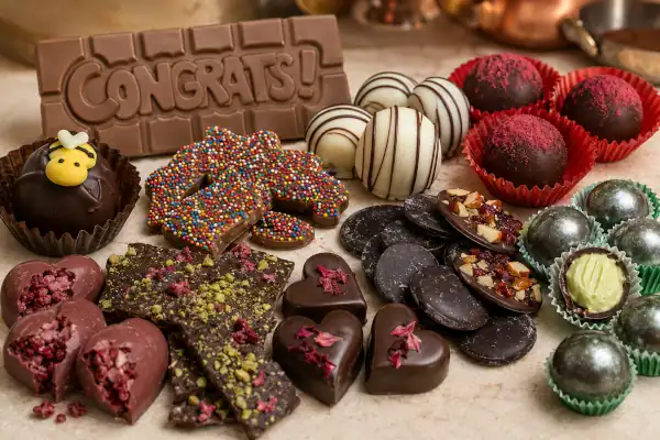 Assorted gourmet chocolates, including truffles, chocolate bars, hearts, discs, sprinkle-covered pieces, and a large chocolate bar with CONGRATS! written on it, arranged on a counter.
