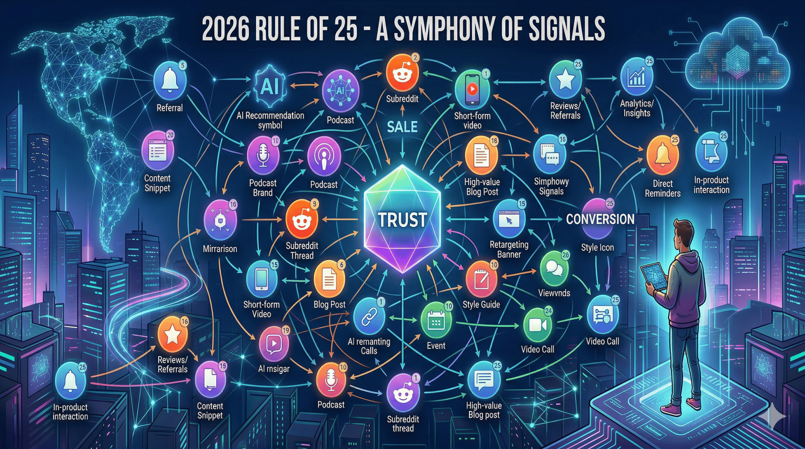 A futuristic 2026 digital marketing illustration titled "Rule of 25 - A Symphony of Signals." It features a vibrant, neon network of 25 interconnected brand touchpoints including AI recommendations, podcasts, subreddits, and video content, all converging on a central glowing core labeled "TRUST" and "SALE." A person with a tablet stands in a high-tech cityscape, visualising the complex ecosystem required for modern consumer conversion.