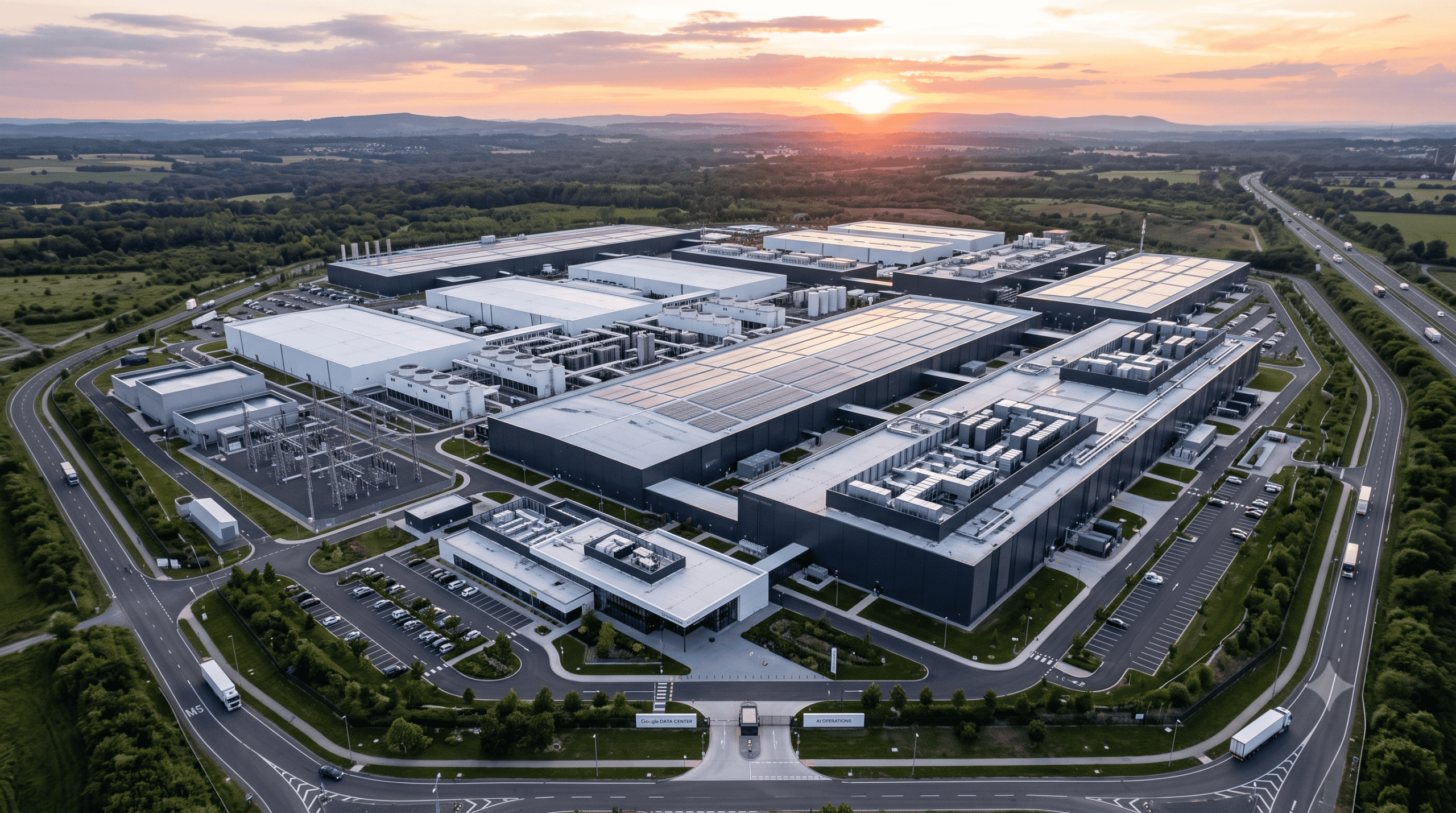 A conceptual, AI-generated bird's-eye view of the infrastructure powering the future of AI.