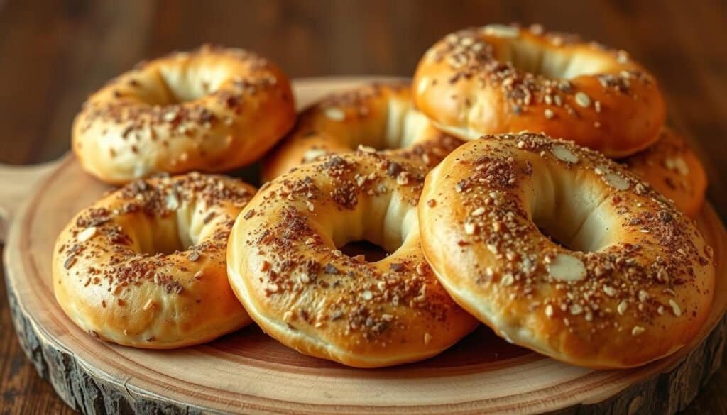 Almond flour bagel variations with cinnamon and cheese toppings