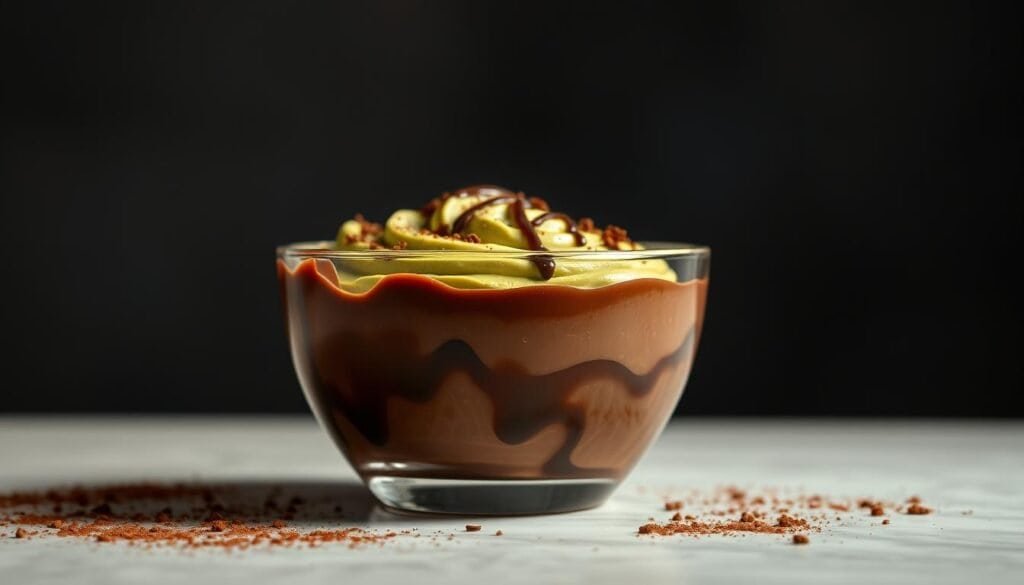 Creamy avocado chocolate dessert in a glass bowl