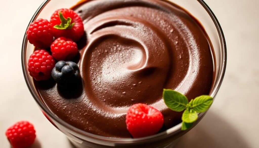 Dark chocolate avocado mousse in a glass bowl with berries