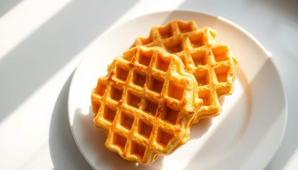 Perfect golden keto chaffles ready for breakfast
