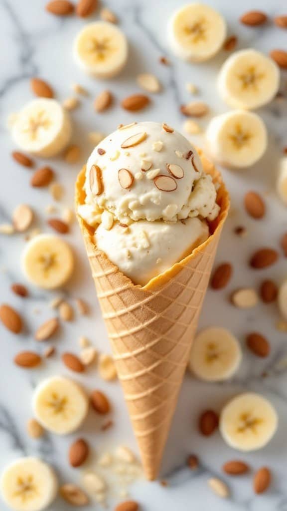 A delicious serving of banana almond ice cream in a cone with almonds and banana slices around it.