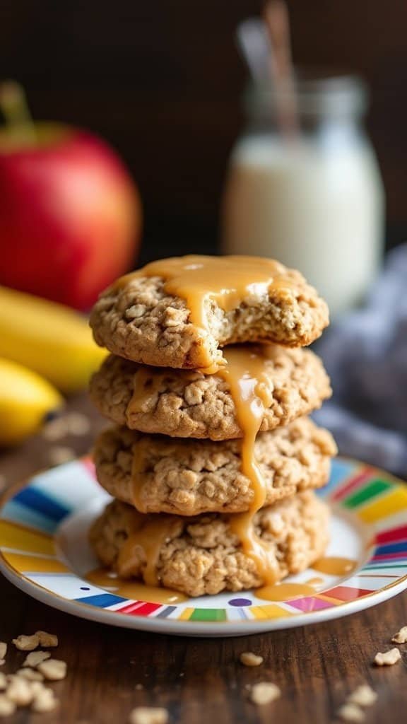 Delicious banana oatmeal cookies stacked on a colorful plate.